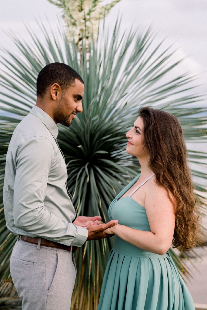 couple qui se regarde devant un palmier